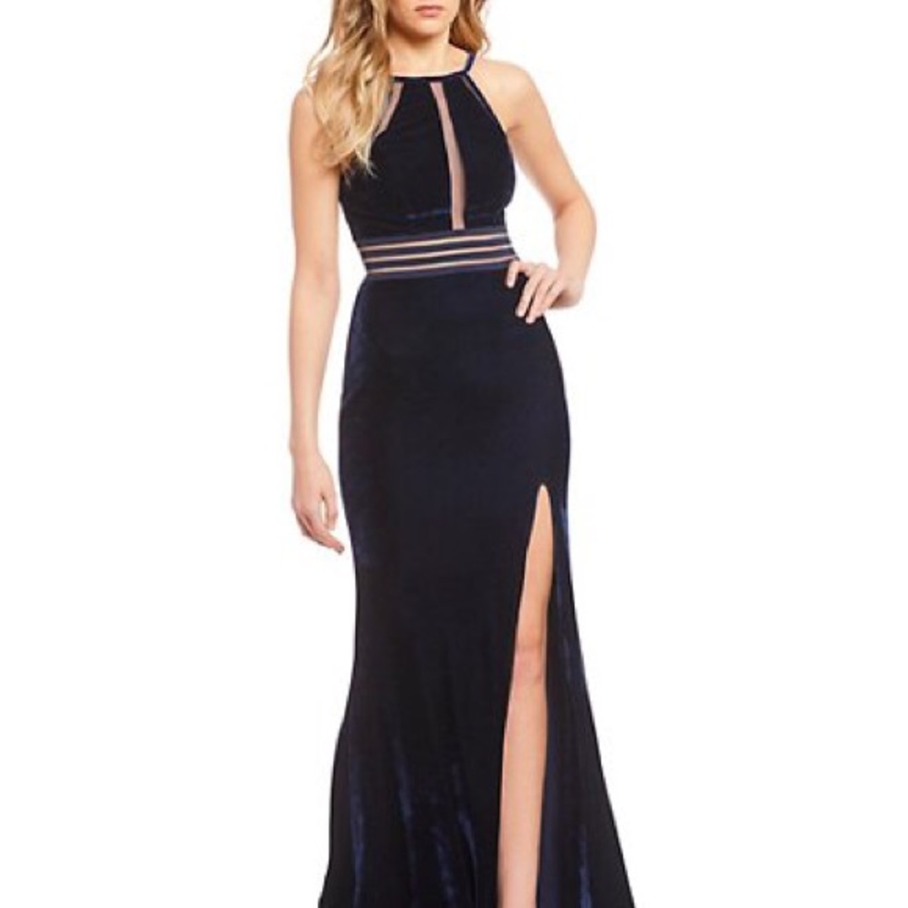 Navy velvet evening gown with slit